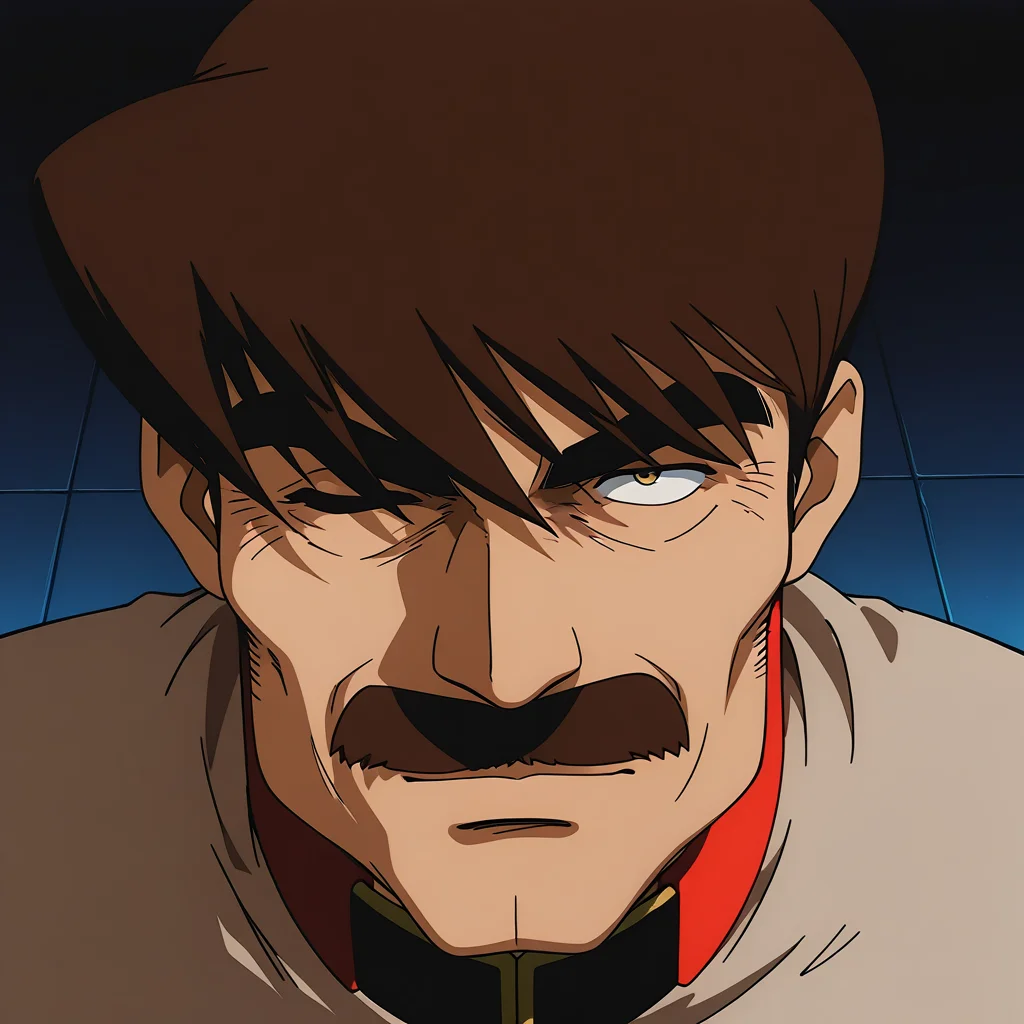 <lora:IL_Ryer:1>,08ms_ir,1boy,solo,Isan Ryer/(gundam/),short brown hair,mustache,thick eyebrows,EFF officer uniform,beige tunic,close-up of face,faint light,darkness,upturned eyes,looking up,looking at viewer,one eye closed,light smile,, <lora:wai-A3-V140:1>,, masterpiece,best quality,amazing quality,very aesthetic,absurdres,