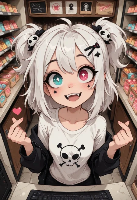 tim burton style, bill watterson style,
1girl,
masterpiece, best quality, amazing quality,
from above, foreshortening,
(star facial mark), pastel eyes, skull hair ornament, white hair, ahoge, medium hair, two side up,
print shirt, open jacket, off shoulder, 
excited, fangs, head tilt, finger heart,
shop, candy store,
very aesthetic, absurdres, hyper-detailed, 8k uhd, absolutely eye-catching, ambient occlusion, raytracing,