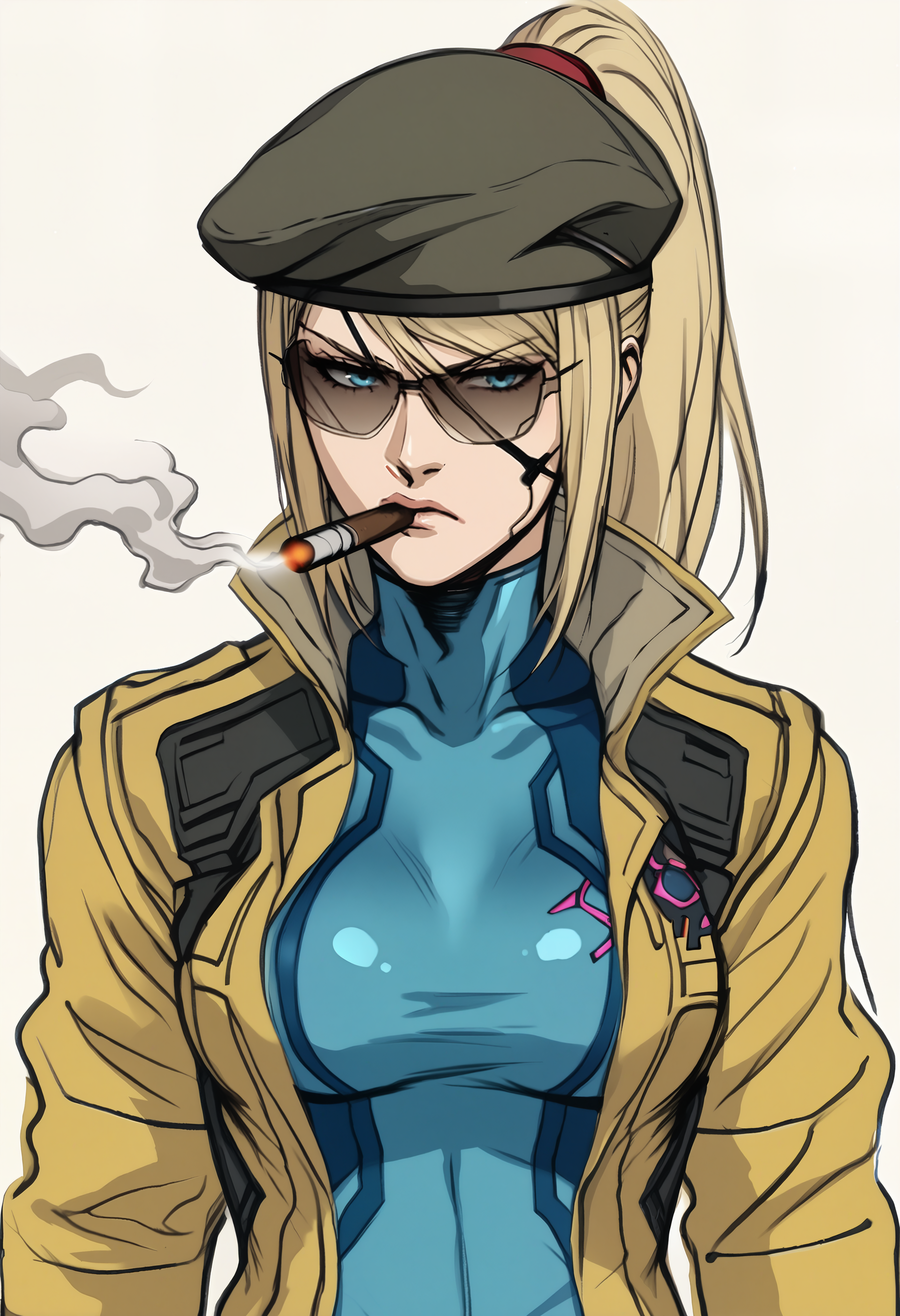 score_9, score_7_up BREAK  upper body,yoji_shinkawa,sketch,ZSSamus, ponytail, blue bodysuit, zero suit,trench coat, bracelet,aviator sunglasses,military,holding cigar,smoke,cyberpunk,beret,serious,cinematic angle,patch \(fabric\)   <lora:ZSSamus:0.8> <lora:Yoji_v2:1>