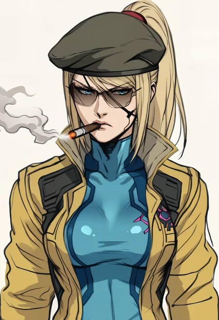score_9, score_7_up BREAK  upper body,yoji_shinkawa,sketch,ZSSamus, ponytail, blue bodysuit, zero suit,trench coat, bracelet,aviator sunglasses,military,holding cigar,smoke,cyberpunk,beret,serious,cinematic angle,patch \(fabric\)   <lora:ZSSamus:0.8> <lora:Yoji_v2:1>
