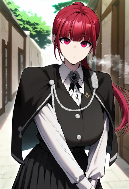score_9, score_8_up, score_7_up, score_6_up, source_anime, rating_explicit, 1girl, (solo:1.2), huge breasts, <lora:Eraponyxl:1> red hair, ponytail, long hair, red eyes, blunt bangs, pink eyes, black capelet, brooch, black vest, collared shirt, white shirt, long sleeves, black skirt, pleated skirt, expressionless, Narrow shoulders, heavy breathing, steaming body, hallway, forest, outdoors, looking at viewer, close-up, standing