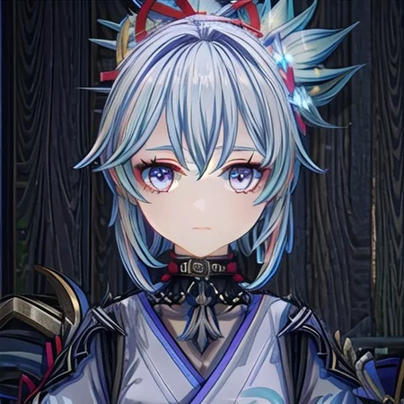 GenshinAvatar, (a girl with long light blue hair in a braided ponytail with a flower hairclip on it hair has split bangs, and blue eyes eyes,hydro character,hydro inazuma vison,wearing a blue kimono with a collar,outfit with blue charms and gems.:1.4), highly_detailed, illustration, portrait, (((masterpiece))),(((bestquality))), (black_background:1.4), simple_background, <lora:GenshinAvatarV2:1>