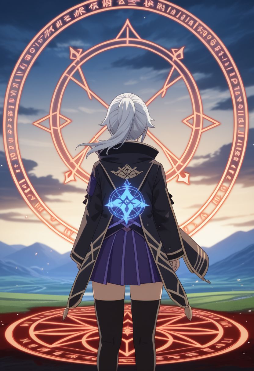 ffxv style, 1girl, japanese clothes, ponytail ,white hair, purple eyes, magic circle, blue fire, blue flames, wallpaper, landscape, blood, blood splatter, depth of field, night, light particles, light rays, sidelighting, thighs, fate \(series\), genshin impact, ****, open jacket, skirt, thighhighs, cloud, anime coloring, 2d, flat coloring, cel shading, cel shaded BREAK  PonyXLV6_Scores
