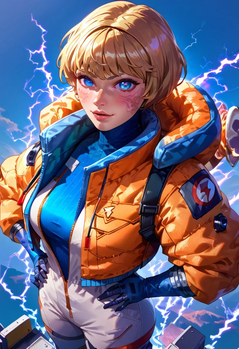 score_9,score_8_up,score_7_up,score_6_up,
wattsonxl,blue eyes, blonde hair,
looking at viewer,
turtleneck,,white Jumpsuit,orange jacket,
standing,
cyberpunk,electricity,electric fence,<lora:wattson:1>,
big breast,
1girls, solo,masterpiece, highly detailed, blue eyes, detailed eyes,, detailed pupils,ultra detailed, detailed face, parted lips, happy face expression beautiful face, detailed skin, detailed eyes, beautiful eyes, sky background,electric background, from above, electricity around arms ,hands on hip