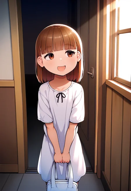 masterpiece, best quality, amazing quality, very aesthetic, absurdres, newest, scenery, volumetric lighting, perfect eyes, ultra detailed,
1girl, child, slender, straight bangs, brown hair, brown eyes, eyebrows,
white dress, tiny ribbon, 
smile, standing, open mouth, holding bag, hands in front,
indoors, house entrance, window, daytime, daylight,
<lora:Abubu_-_Style_LoRA__Illustrious:1.5>
masterpiece, best quality, amazing quality, very aesthetic, absurdres, newest, scenery, volumetric lighting, perfect eyes, ultra detailed,