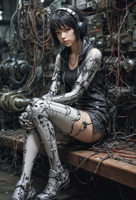 Blame! by Tsutomu Nihei cyber girl is sitting on a bench in a factory, cables and tubes everywhere, patterns, easynegative, ng_deepnegative_v1_75t