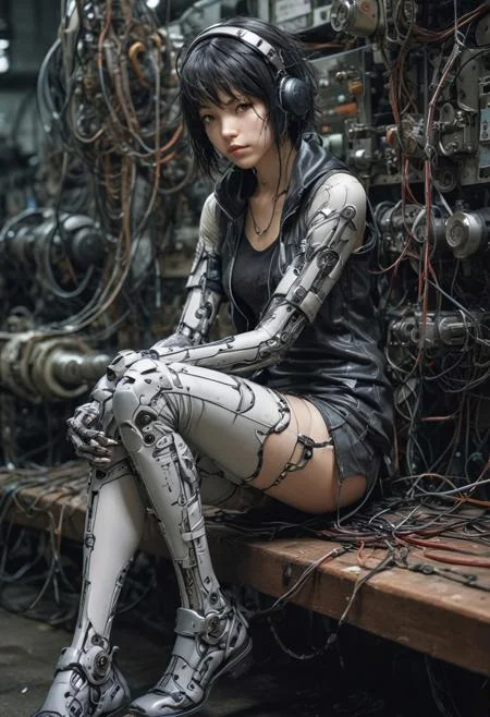 Blame! by Tsutomu Nihei cyber girl is sitting on a bench in a factory, cables and tubes everywhere, patterns, easynegative, ng_deepnegative_v1_75t