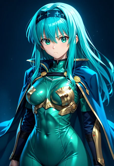 score_9, score_8_up, score_7_up, ((solo)), calm, pout, closed mouth, 1girl, solo, (medium breasts, thin waist, wide hips), peaceful, closed mouth, adult, (((eirika face))), (((cyan hair, cyan eyes))), ((long hair, hair between eyes)), (((indigo cape, metal headband, green metal_uniform, metal breast_armor))), no background, dark background, cowboy shot, dark background, portrait, Expressiveh,