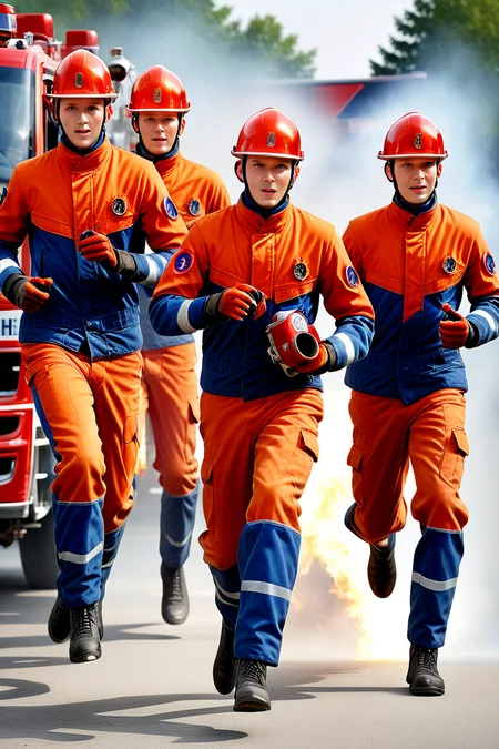 a group of jugendfeuerwehr man srunning around a firetruck, photorealistic , anatomically correct, high quality, masterpiece, brandenburg <lora:Jugendfeuerwehr:1> <lora:add_detail:1>