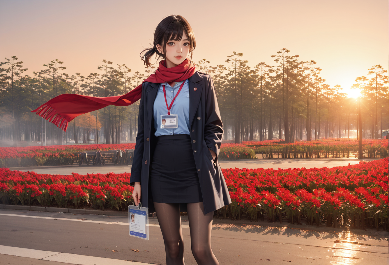 ,ruanyi0956,outdoors,sunset,,ruanyi0904,black skirt,blue shirt,coat,red scarf,red lanyard,ID card,black pantyhose,<lora:0956 Red flowers everywhere_v1_pony:0.8>,<lora:0904 Douki Chan clothing_v1_pony:0.7>, score_9,score_8_up,score_7_up,,8k,1girl,solo,,