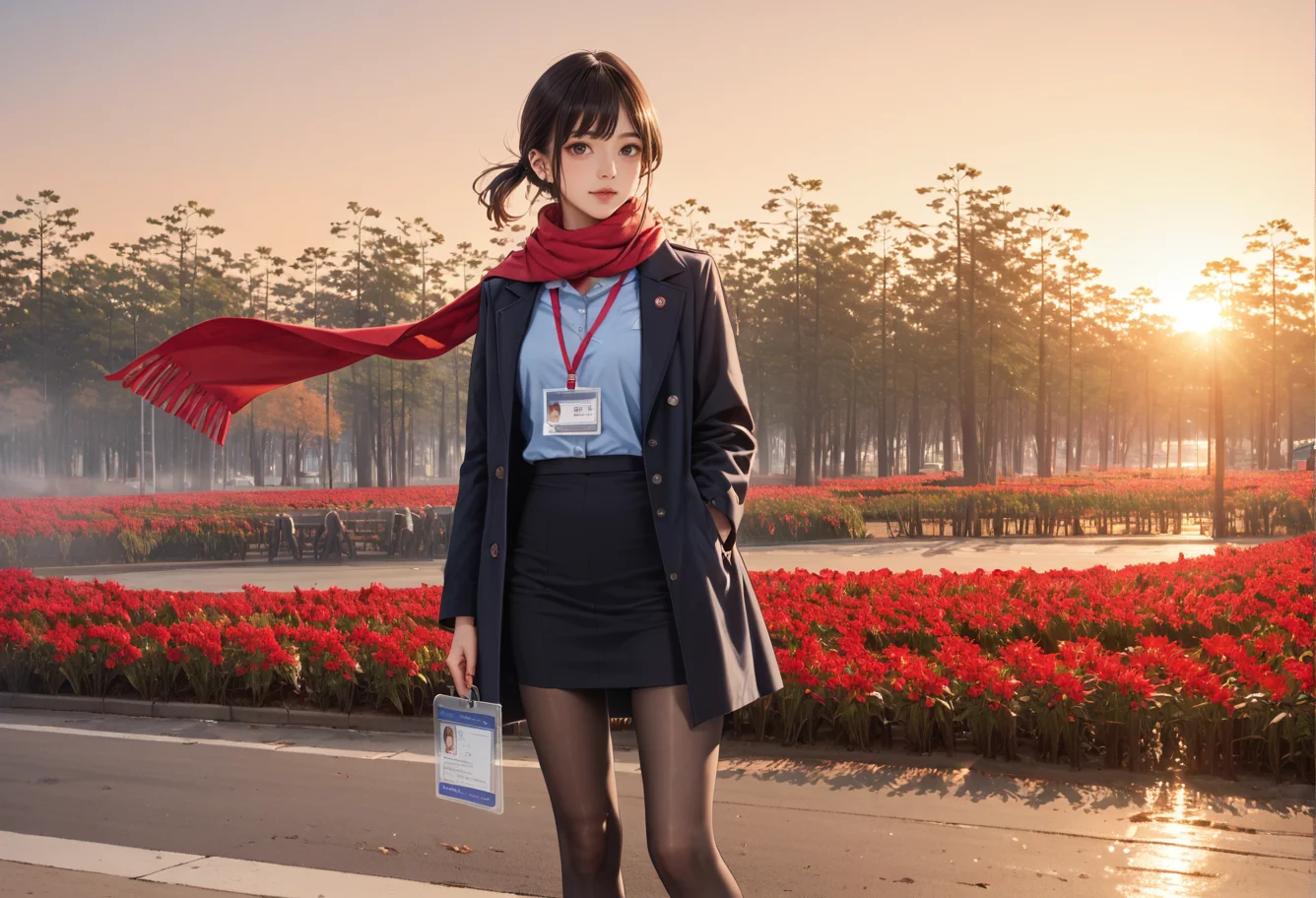 ,ruanyi0956,outdoors,sunset,,ruanyi0904,black skirt,blue shirt,coat,red scarf,red lanyard,ID card,black pantyhose,<lora:0956 Red flowers everywhere_v1_pony:0.8>,<lora:0904 Douki Chan clothing_v1_pony:0.7>, score_9,score_8_up,score_7_up,,8k,1girl,solo,,