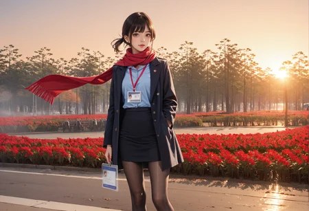 ,ruanyi0956,outdoors,sunset,,ruanyi0904,black skirt,blue shirt,coat,red scarf,red lanyard,ID card,black pantyhose,<lora:0956 Red flowers everywhere_v1_pony:0.8>,<lora:0904 Douki Chan clothing_v1_pony:0.7>, score_9,score_8_up,score_7_up,,8k,1girl,solo,,
