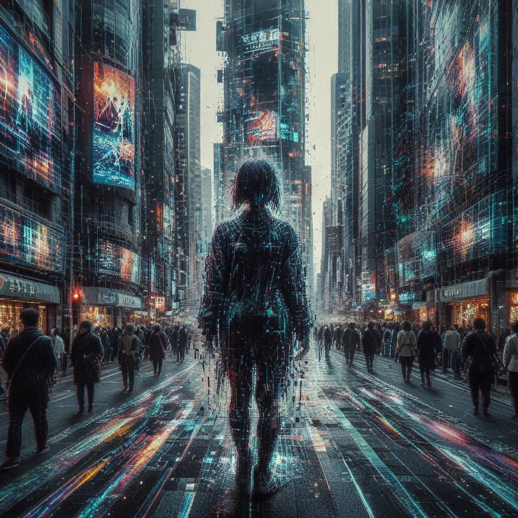 Tokyo street scene fragmenting into glitch art masterpiece, billboards melting into data corruption, pedestrians becoming digital phantoms, urban reality dissolving into cyberpunk marvel
..,masterpiece, best quality, newest, absurdres, highres, safe, glitch, flickering, digital, glitch style, mobe-cedeen