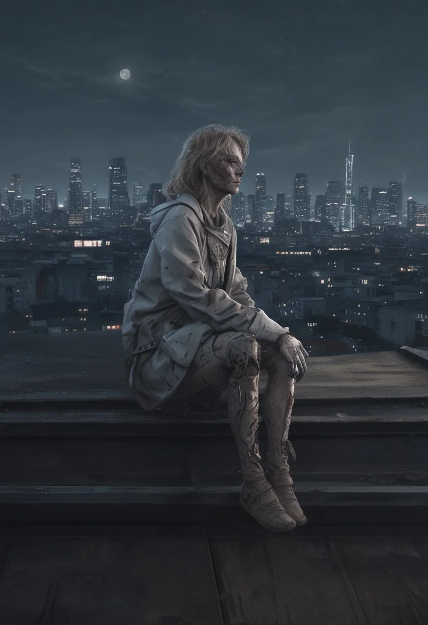 a woman looks like a zombie sitting on the roof, 1 girl, masterpiece, best quality, best quality, full body, bionic skin, pale skin, dead eyes, bionic face, blank stare, scars, blood, damage, hairs, cry, finely detailed, extremely detailed CG unity 8k wallpaper, night sky with stars and moon, empty city