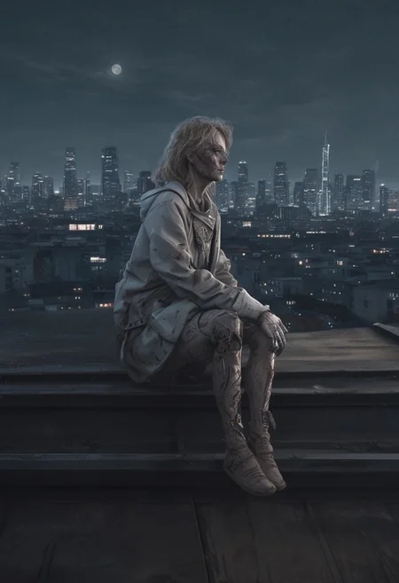 a woman looks like a zombie sitting on the roof, 1 girl, masterpiece, best quality, best quality, full body, bionic skin, pale skin, dead eyes, bionic face, blank stare, scars, blood, damage, hairs, cry, finely detailed, extremely detailed CG unity 8k wallpaper, night sky with stars and moon, empty city