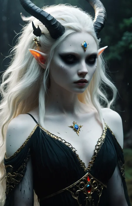 triadic colors, head and shoulders, solo, Legend of Zelda style art of a painting BREAK dark and moody extreme face close-up of a beautiful female demon with deep black eyes, albino with very pale skin, long billowing hair blowing in the wind, floating energy particles, long floating sheer-black dress, (long intricate horns:1.2) <lora:WB2.2:0.6>, bleak, surreal fantasy, at night time, flickering lights, hazy, blurry BREAK inspired by Tadeusz Brzozowski, behance contest winner, geometric abstract art, vibrant tourism poster, setting sun, miro, amoled wallpaper<lora:xl_more_art-full_v1:0.5>, Vibrant, fantasy, detailed, epic, heroic, reminiscent of The Legend of Zelda series, <lora:xl_more_art-full_v1:.25>, cinematic lighting, (rim lighting, side lighting:1.4), bokeh, 4k