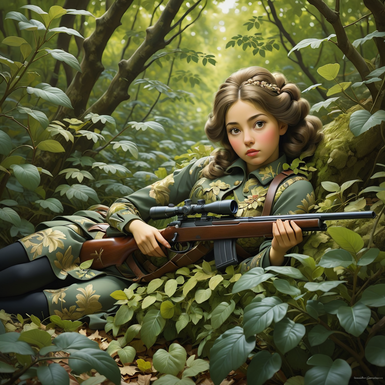 A sniper lying prone, camouflaged in a dense, leafy environment., (a classical baroque style painting  by Maria Kanevskaya and by Bakemono Zukushi and by Garry Winogrand:1.3)