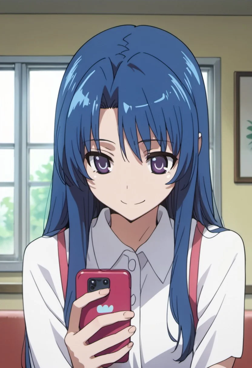 score_9, score_8_up, score_7_up, source_anime,kawashima ami, blue hair, long hair, purple eyes, 1girl, solo, phone, cellphone, talking on phone, smile, window, anime coloring