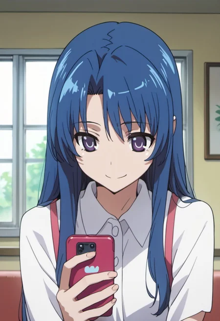 score_9, score_8_up, score_7_up, source_anime,kawashima ami, blue hair, long hair, purple eyes, 1girl, solo, phone, cellphone, talking on phone, smile, window, anime coloring