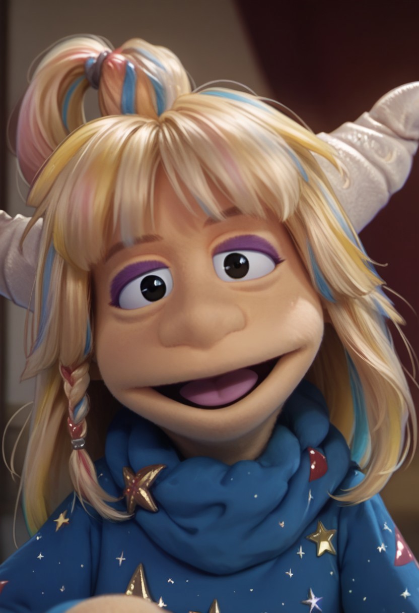 1girl, score_9, score_8_up, score_7_up BREAK Eureekaa, 1girl, blonde hair, multicolor hair streaks, ponytail, horns, black eyes, purple eyeshadow, long blue starry robe, smiling at viewer,