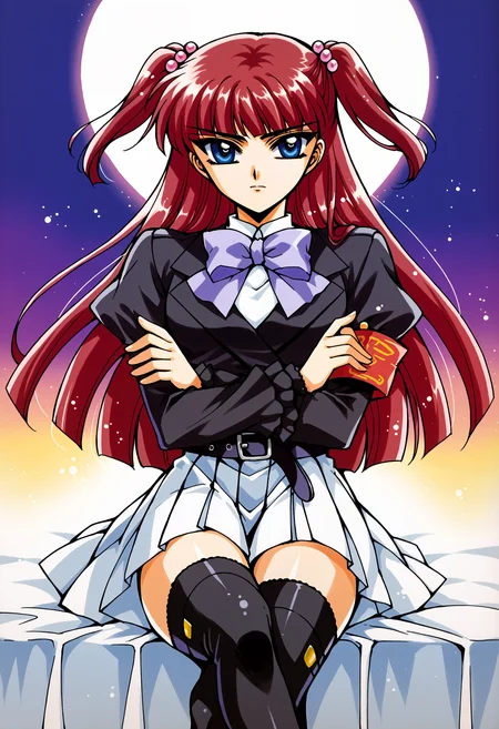 score_9, score_7_up, source_anime, BREAK  <lora:Ange 4:1> Ange, brown hair, two side up, blue eyes, white shirt, purple bow, black jacket, single armband, black belt, white skirt, frilled sleeves, black thighhighs, crossed legs, crossed arms, solo,  <lora:Magic knight Rayearth_XL_PONY:1> Shidou Hikaru, Hououji Fuu, Ryuuzaki Umi, 1990s \(style\), retro artstyle,