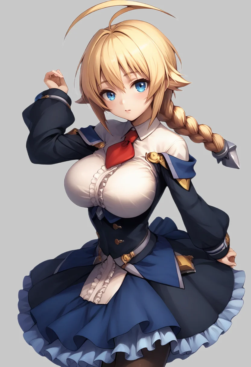 score_9, score_8_up, score_7_up, source_anime BREAK 1girl, solo, <lora:bb_es:1>, bb_es, cowboy shot, blue dress, frilled skirt, petticoat, red necktie, long sleeves, multiple belts, large breasts, black pantyhose, ahoge, blonde hair, bangs, braided ponytail, blue eyes, looking at you, simple background