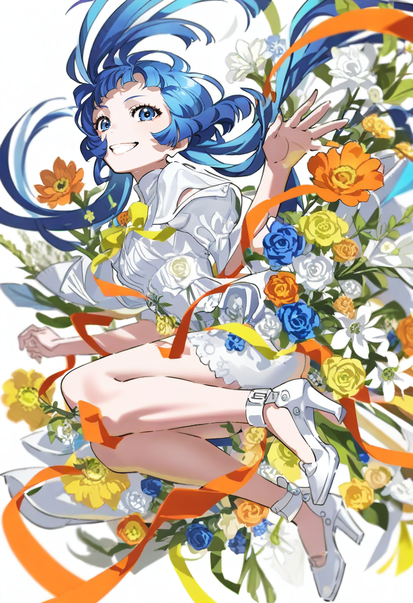 <lora:yoneyamaiXL_il_lokr_V53P1:0.95> 1girl, solo, flower, blue hair, long hair, smile, white flower, blue eyes, looking at viewer, blue flower, white footwear, high heels, floating hair, orange flower, yellow flower, shoes, white background, ribbon, grin