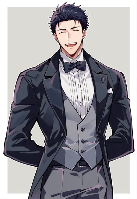 <lora:mta_ponyXL_v1.0:0.76>, mta, BRAKE best quality, amazing quality, best aesthetic, absurdres, BRAKE 1boy, solo, male focus, mature male, muscular male, looking at viewer, hair slicked back, butler uniform, black tailcoat jacket, black bow tie, white shirt, Center frills, collared shirt, gray vest, silk white gloves, black tailcoat pants, looking at viewer, arms behind back, front, ^_^, closed eyes, open mouth, smile,