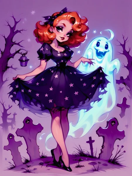 score_9, score_8_up, score_7_up, score_6_up, score_5_up <lora:K33N3RXLP:1> k33n3r, 1girl, solo, ginger hair, ghost, spooky, dress, graveyard,