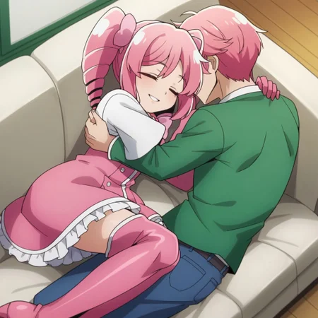 score_9, score_8_up, score_7_up, <lora:mahou_shoujo_ni_akogarete_-_hanabishi_haruka:1>, haruka, twintails, pink_hair, drill_hair, green_eyes, pink_gloves, elbow_gloves, long_sleeves, pink_dress, hair_ornament, pink_bowtie, jewelry, thigh_boots, pink_footwear, sleeping, lying, on couch, from_above, dutch_angle, , smile, parted_lips, head_tilt, indoors, living room, hugging 1boy, cuddling,