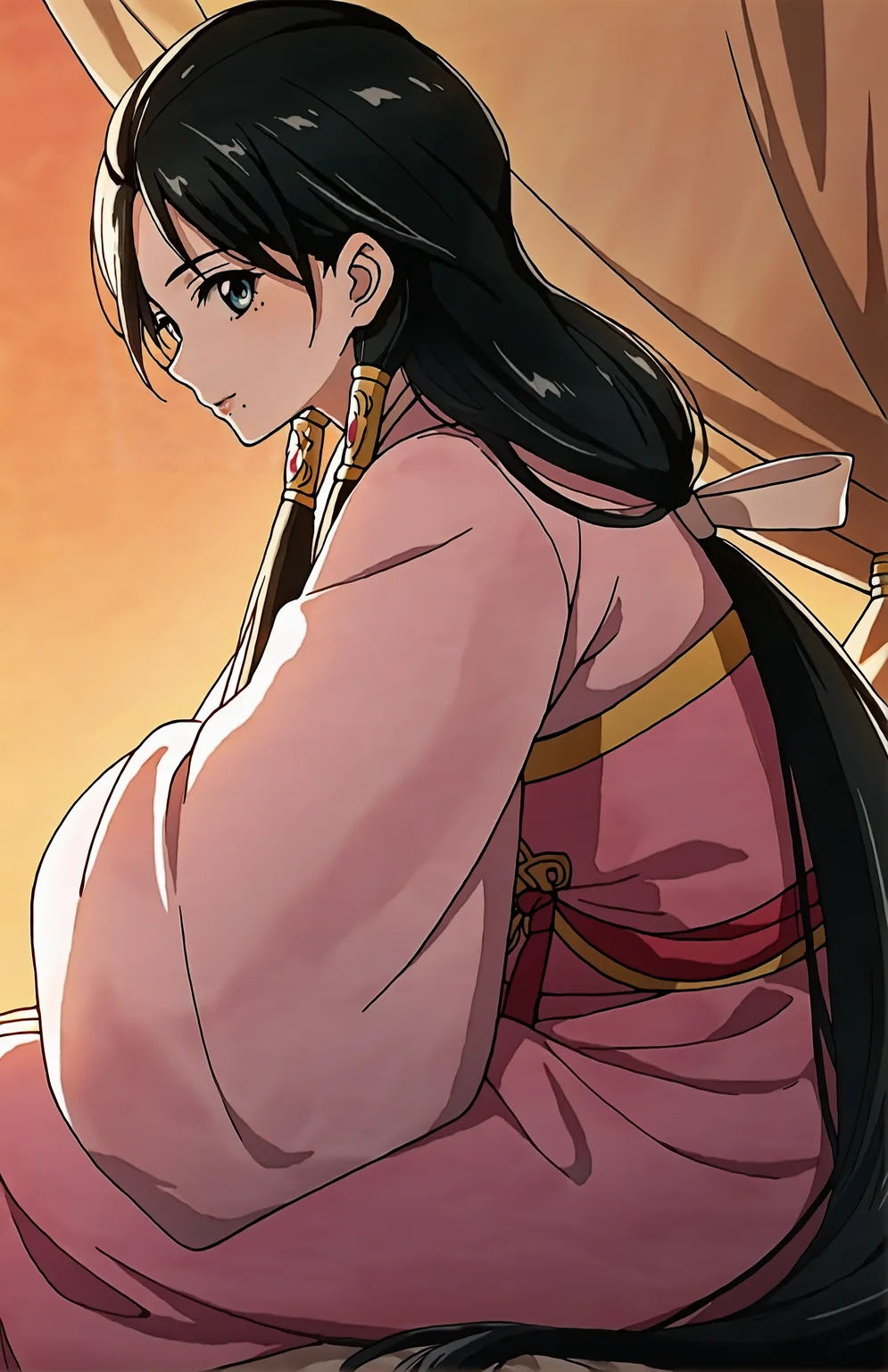 RenHakuei. 1girl, solo, very long hair, blue eyes, hair tubes, mole under lips, chinese clothes, hanfu, long sleeves, wide sleeves, looking at viewer, side view, face focus, evening, sitting, inside tent