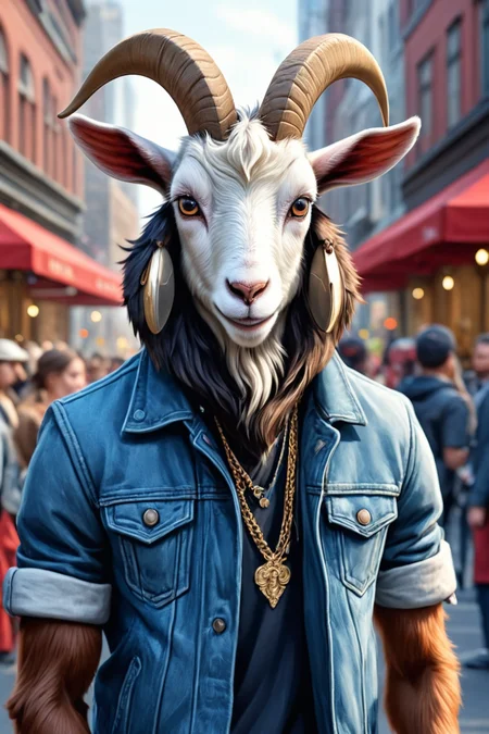 Detailed digital illustration of an anthro Goat (Tilting head, appearing curious) at a Augmented reality fashion show on streets, <lora:xl_more_art-full_v1:0.5>,  <lora:anthro_muscular:0.7> , <lora:madpunk:0.4> madpunk