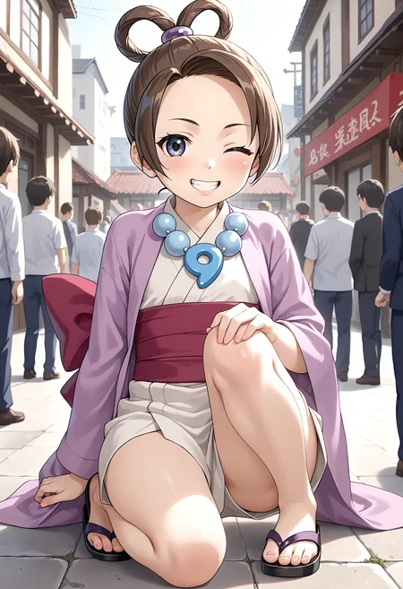 <lora:Hyper-SDXL-8steps-lora:1> <lora:Fixhands_anime_bdsqlsz_V1:1> zPDXL2, score_9, score_8_up, score_7_up, source_anime, intricate details, perfect anatomy BREAK
outdoors, city, tokyo, japan, audience, crowd, on one knee, hand on ground, elbow on knee, looking at viewer, Naughty, A mischievous grin, a wink, and a playful attitude., 1girl, solo, solo focus, 
<lora:AA-pearl_fey_XL(pony)v10:1> ayasatoharumi, brown hair, hair rings, grey eyes, hair ornament, magatama necklace, ayasatoharumi outfit, purple kimono, red obi, black sandal,
