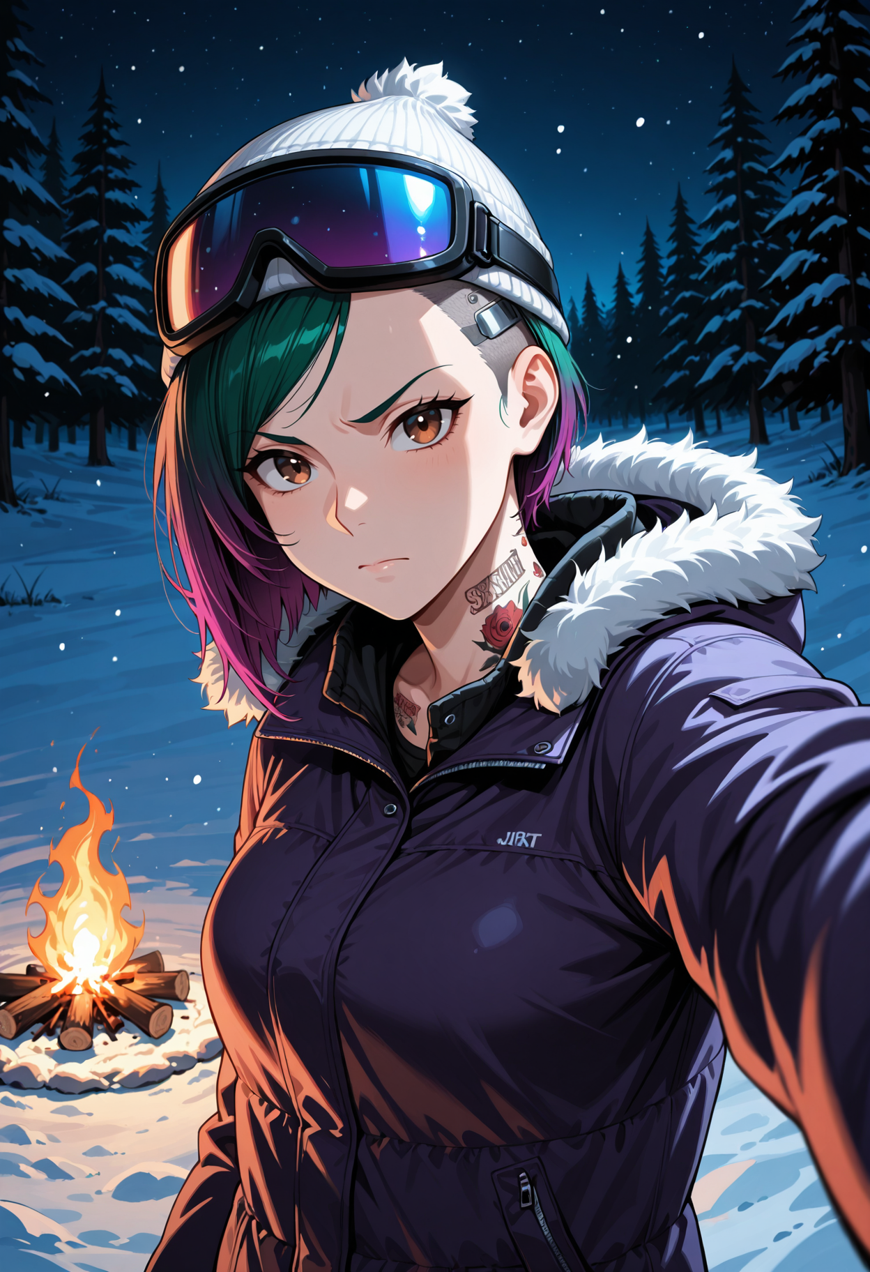 masterpiece, best quality, highres, absurdres, 1girl, solo, jdalvrz, neck tattoo, short hair, gradient hair, green hair, purple hair, asymmetrical hair, undercut, sidecut, fur-trimmed hood, fur trim, ski goggles, goggles on head, jacket, ski gear, beanie, hood down, campfire, outdoors, night, nature, forest, selfie, outstretched arm, taking picture, brown eyes, night sky, snow, reaching towards viewer, upper body, looking at viewer, v-shaped eyebrows, closed mouth
