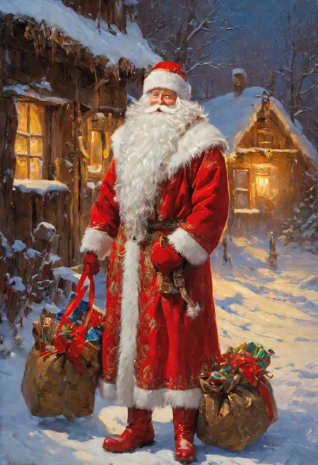 masterpiece, best quality, oil painting, dynamic pose, dynamic composition, DedMoroz, 1boy, stern face of an old man, thick eyebrows, kind eyes, long beard, large bag with gifts on your back, (red high boots:1.5), frozen, ice, ice staf, village street, peasant huts, glowing windows, snowing, frost, New year's dark night, ultradetailed, <lora:DedMoroz:1>, <lora:add-detail-xl:1.9>