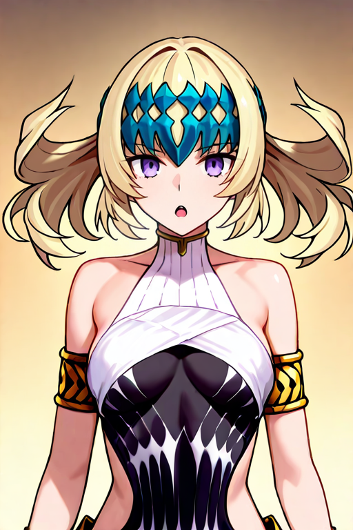 masterpiece, High quality, Ultra detailed, 2d, newest, absurdres, highres, BREAK
1girl, solo, <lora:pollux:0.8>, pollux_(fate), blonde hair, diadem, purple eyes,
medium breasts, polluxdef, bare shoulders, halterneck, black shirt, armlet, bracer, groin, Waist armor, gold armor, Pelvis ornament, 
open mouth, looking at viewer,