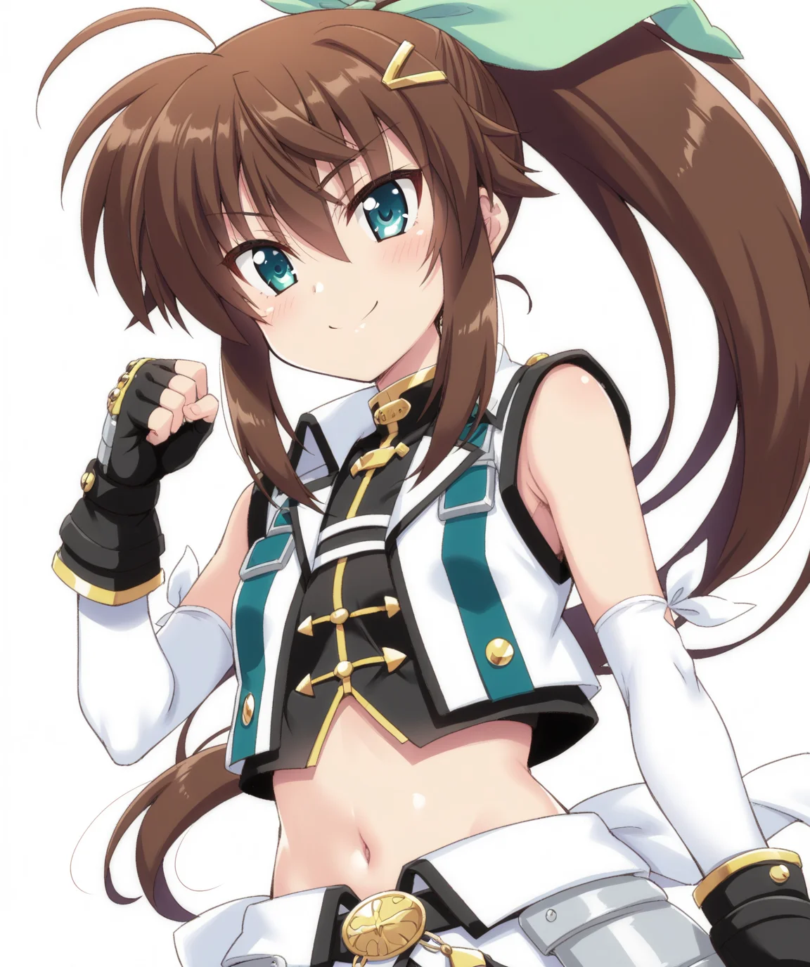 masterpiece, best quality, amazing quality, very aesthetic, ultra detail, clear line, anime, solo, <lora:fuka_v02:0.8>, fuka, green eyes, brown hair, ponytail, green hair bow, hair clip, magical girl, black inner, white sleeveless jacket, black fingerless gloves, white elbow gloves, navel, midriff, black bike shorts, white overskirt, smile, upper body, simple background, <lora:LECO_BadHands:1>, <lora:LECO_GoodHands:-1>, <lora:cfg_scale_boost:0.7>