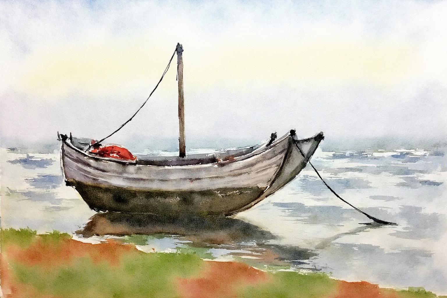 watercolor. 
A small, weathered wooden boat resting on calm water.
 <lora:watercolor1_nbm_cap_d6a3e12:1.0><lora:838789778704021135:0>