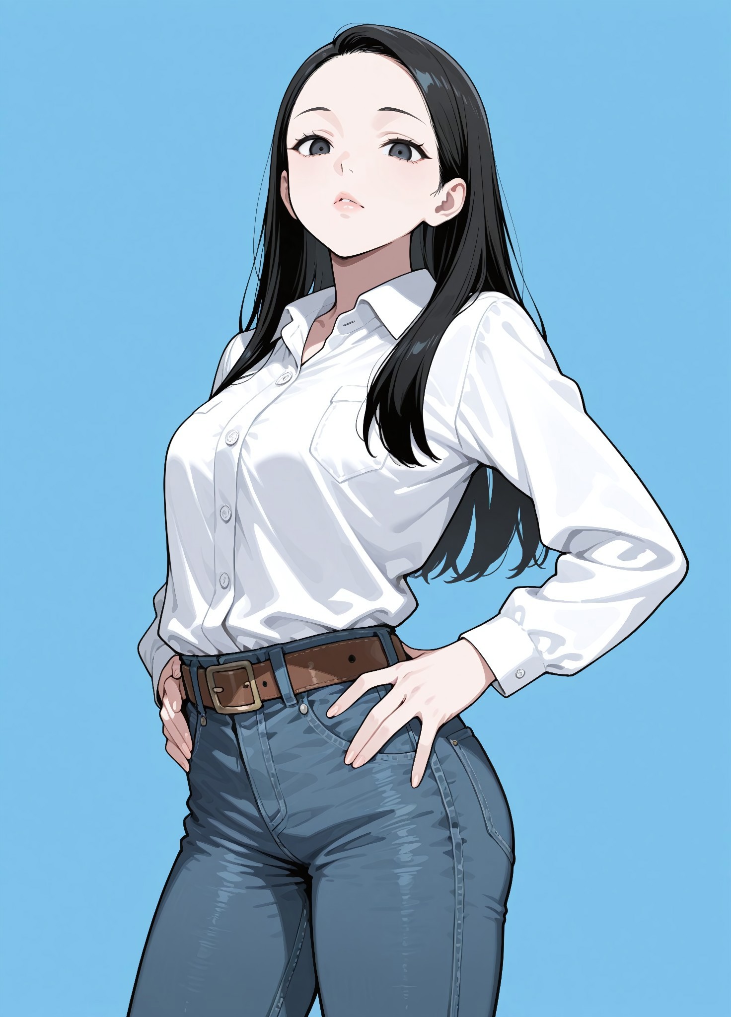 unholy-aesthetic, masterpiece, best quality, amazing quality, absurdres, 

y0sh1da,1girl, solo, black hair, long hair, black eyes, lips, medium breasts, 

White shirt, collared shirt, long sleeves, belt, denim, jeans,

, standing, hands on the hips, cowboy shot, looking at viewer, standing, simple background, dark blue background, 