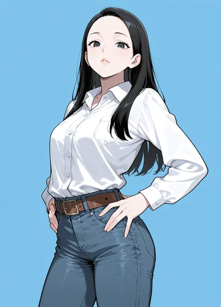 unholy-aesthetic, masterpiece, best quality, amazing quality, absurdres, 

y0sh1da,1girl, solo, black hair, long hair, black eyes, lips, medium breasts, 

White shirt, collared shirt, long sleeves, belt, denim, jeans,

, standing, hands on the hips, cowboy shot, looking at viewer, standing, simple background, dark blue background, 