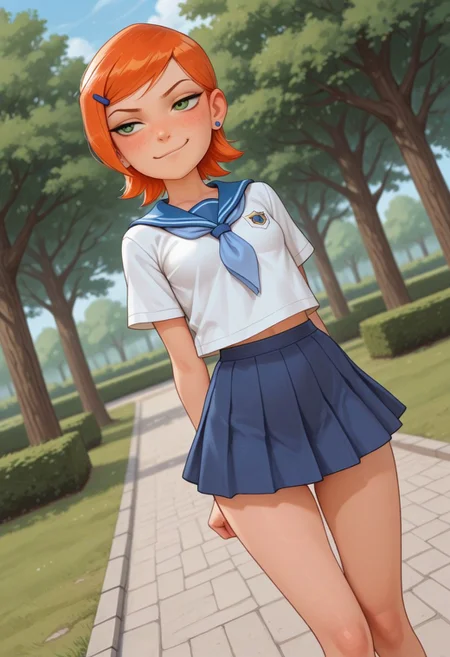 masterpiece, best quality, good quality, very aesthetic, absurdres, newest, 8K, depth of field, focused subject, mythp0rt,
stylized, wabi sabi,
1girl, Gwendolyn_Tennyson, orange hair, short, hair, freckles, cute,
smug,
petite body, small waist, curvy, thighs, shapely legs,
small breasts,
school uniform,
dynamic angle,
park,