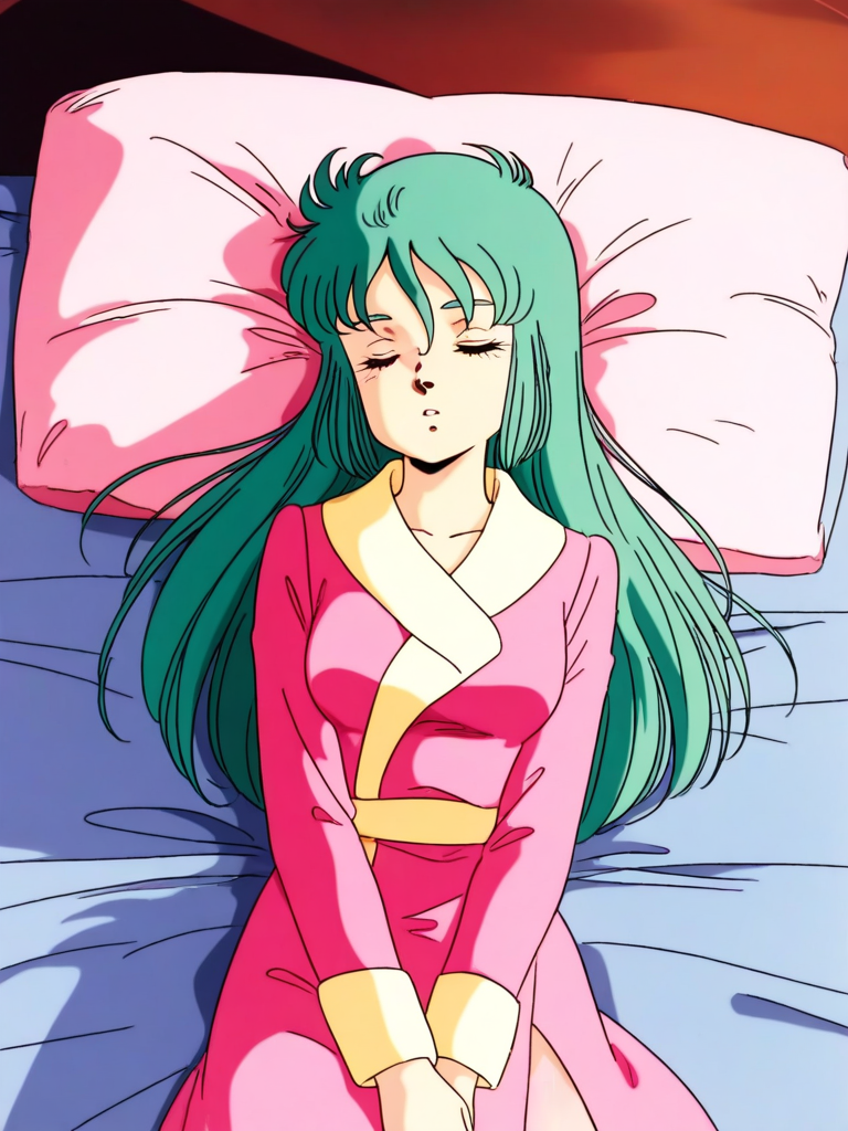 general,highres, ultra-detailed,very aesthetic,best quality ,best hands, BREAK <lora:Ciela_Lapana_gown_IS:0.9>
Ciela_Lapana(gown), 1girl, solo,  long hair, green hair, bangs, medium breasts,
pink gown, robe,
1980s (style), anime coloring,
sleeping, closed eyes, lying, parted lips, v arms,
bed,