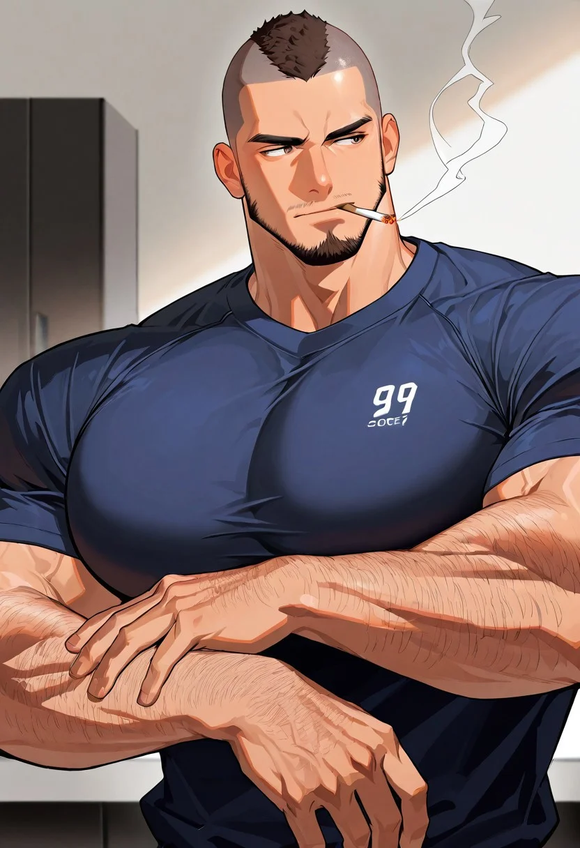 score_9,score_8_up,score_7_up, score_9, score_8_up, Intricate Details, Masterpiece, Best Quality, 1man, mature, bara, solo, male focus, correct anatomy, perfect hands, stylized seinen anime style, lots of details, shaded, detailed shading, detailed skin, counter shading, handsome, shaved head, buzzed short, dark brown, muscular male, hyper pectorals, hyper pecs, hyper-muscular, cigarette, facial hair