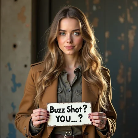 Young woman with long hair and blue eyes wearing old western clothes and a long brown trench coat holding a sign that says "Buzz Shot?  YOU...??"  
 <lora:CaityLotz:1>