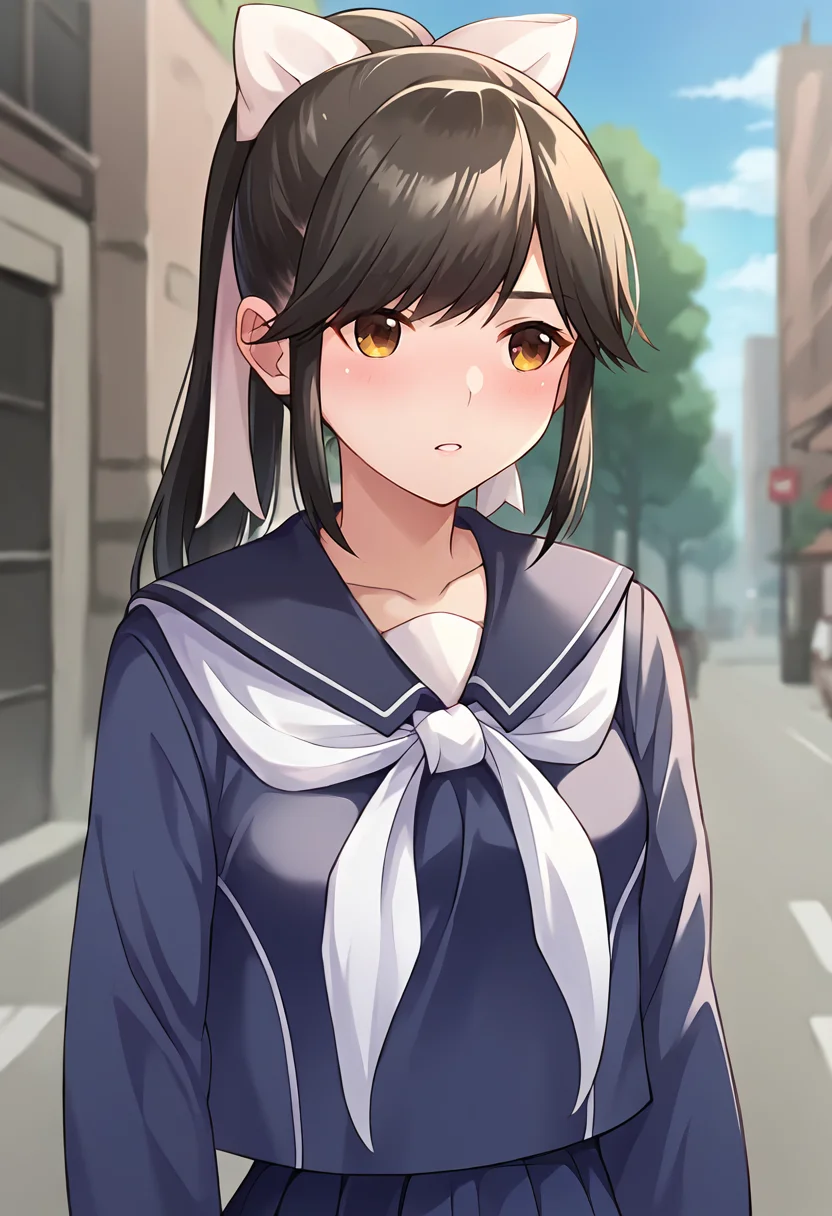 score_9, score_8_up, score_7_up, masterpiece, source_anime 1girl, ct_m4na, long hair, ponytail, hair bow, blue serafuku, blue sailor collar, white neckerchief, long sleeves, blue skirt, outdoors, depth of field, city, cowboy shot, shiny skin, upper body,  <lora:Manaka Takane_Pony_ct_ver2:1>