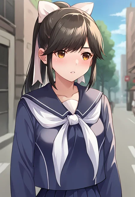 score_9, score_8_up, score_7_up, masterpiece, source_anime 1girl, ct_m4na, long hair, ponytail, hair bow, blue serafuku, blue sailor collar, white neckerchief, long sleeves, blue skirt, outdoors, depth of field, city, cowboy shot, shiny skin, upper body,  <lora:Manaka Takane_Pony_ct_ver2:1>