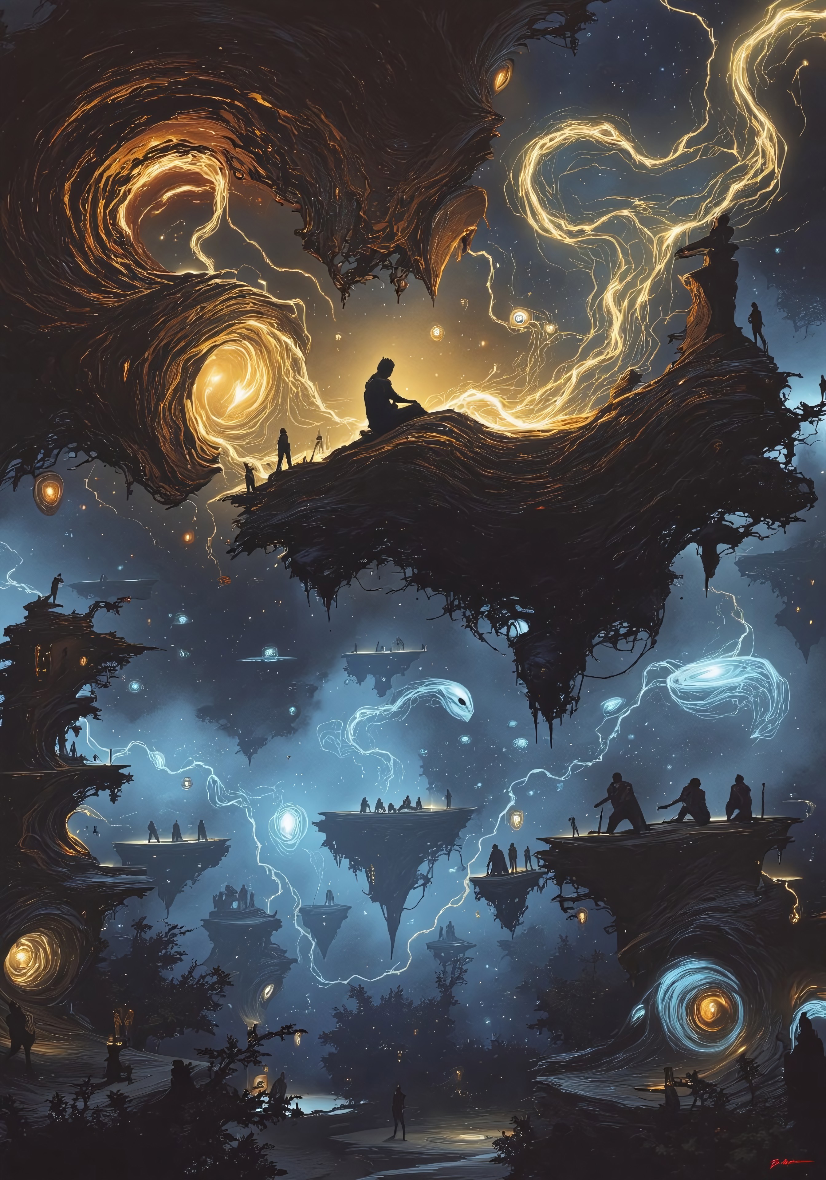 Art by Alejandro Burdisio
Perched atop a hovering stone monolith that drifts between dimensions, the Cosmic Fox Prophet sits in meditative stillness, tails swirling in endless fractal patterns of ultraviolet and molten gold. His eyes glow with an unsettling intelligence, mirroring the swirling nebulae that pulse behind him. Below, a council of floating, translucent jelly-spirits hover in deep contemplation, their fluid bodies pulsing with shifting hues of cosmic energy. Bosch’s ink follows the eerie light trails left by drifting meteor fragments, which weave through ancient, rune-carved pillars suspended in zero gravity, illuminating the Prophet’s silent vision of the universe’s next great upheaval.



