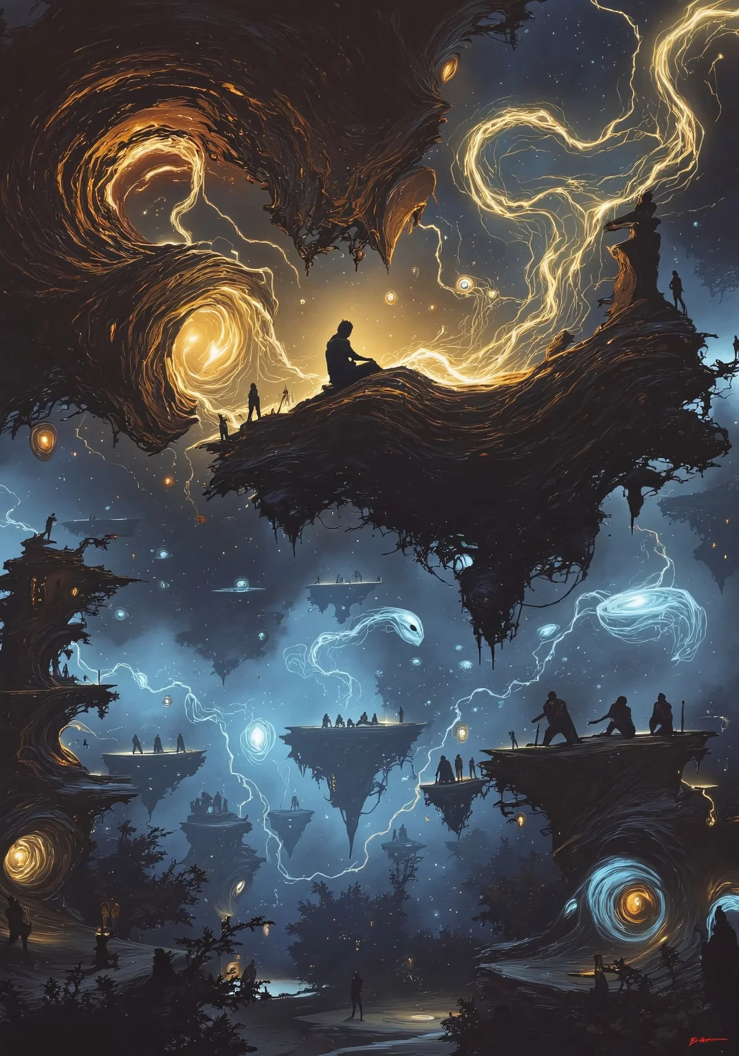 Art by Alejandro Burdisio
Perched atop a hovering stone monolith that drifts between dimensions, the Cosmic Fox Prophet sits in meditative stillness, tails swirling in endless fractal patterns of ultraviolet and molten gold. His eyes glow with an unsettling intelligence, mirroring the swirling nebulae that pulse behind him. Below, a council of floating, translucent jelly-spirits hover in deep contemplation, their fluid bodies pulsing with shifting hues of cosmic energy. Bosch’s ink follows the eerie light trails left by drifting meteor fragments, which weave through ancient, rune-carved pillars suspended in zero gravity, illuminating the Prophet’s silent vision of the universe’s next great upheaval.