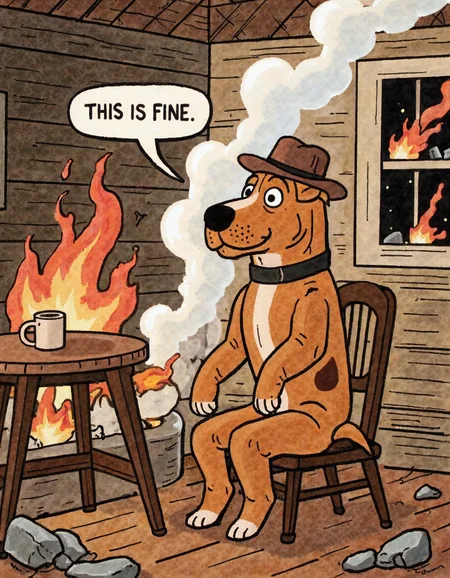 The brown dog is sitting on a chair in a burning house,wearing very small brown hat, but he looks normal, as if nothing is happening. There's a table next to the chair, and there's a mug on it. There is a thought bubble over his head with text: "THIS  IS FINE."
<lora:joseflada:0.85>