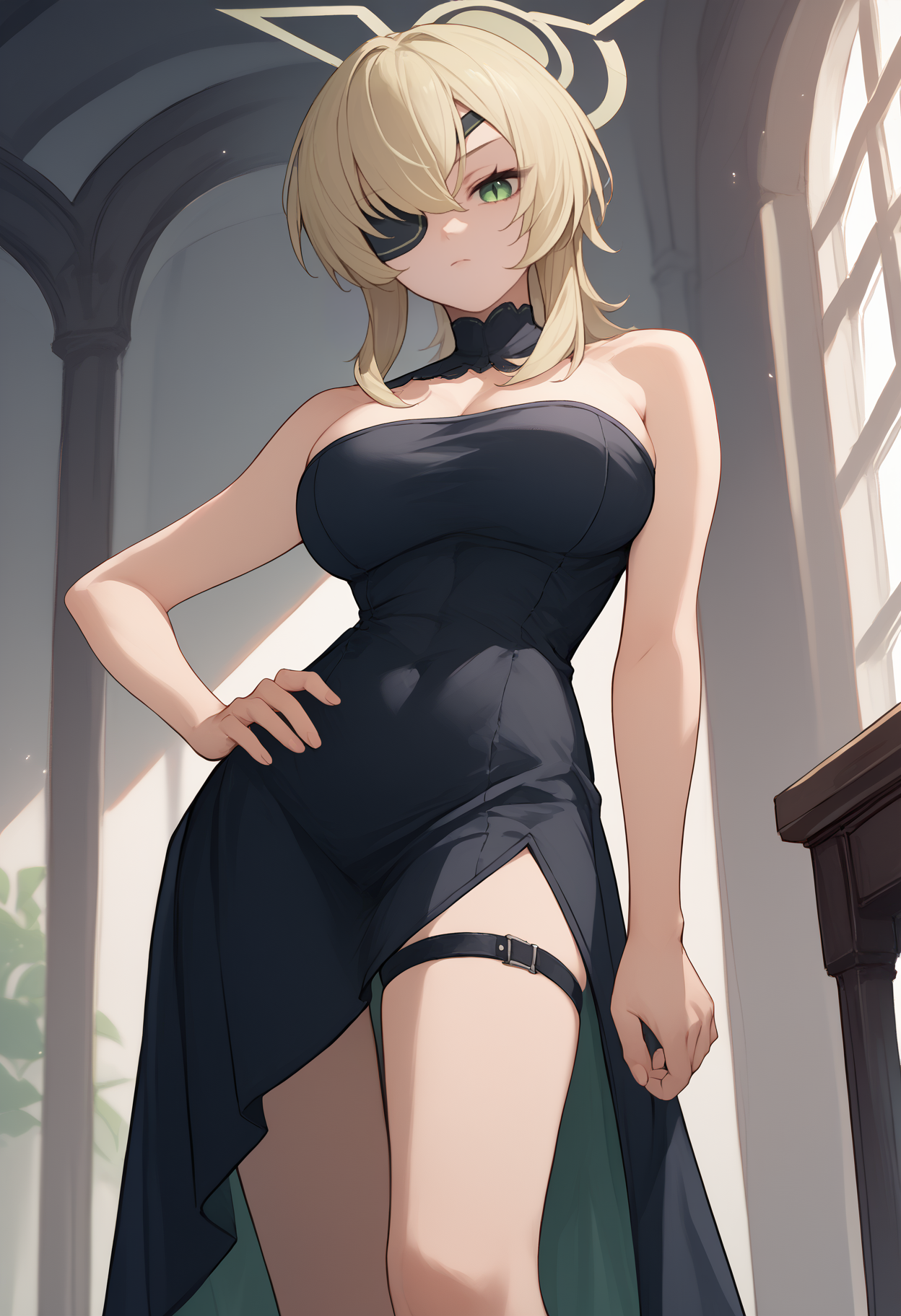 score_9, score_8_up, score_7_up, score_6_up, source_anime, solo, 1girl, suou asagiri, expressionless, looking at you, standing, hand on own hip, blonde hair, halo, green eyes, eyepatch, black dress, strapless dress, sleeveless dress, side slit, thigh strap, large breasts, indoors
<segment:yolo-face_yolov8m.pt,0.4,0.5>